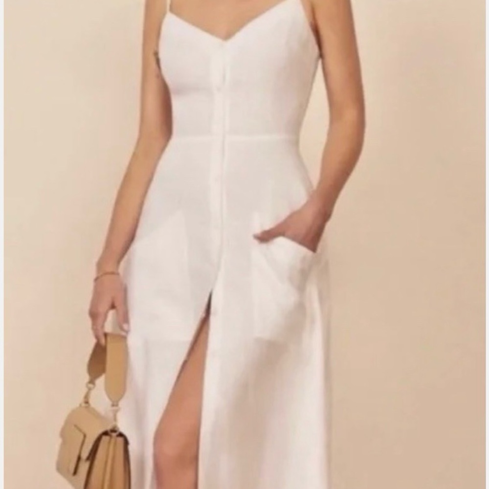 Reformation parke white linen midi button dress. Size 0